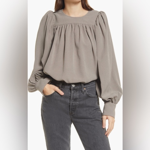 Treasure & Bond Plaid Puff Sleeve Top In Brown Ganache Benton Check - Picture 1 of 10